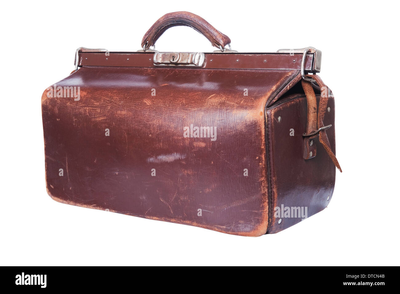 Braune Vintage Reisetasche isoliert auf weißem Hintergrund Stockfoto