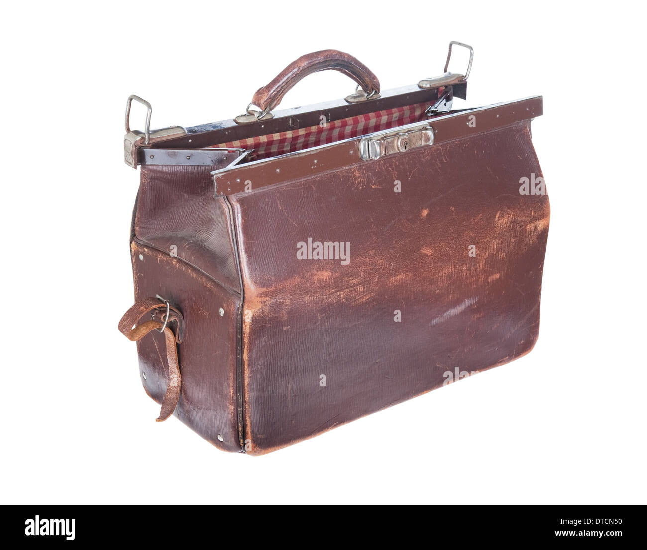 Braune Vintage Reisetasche isoliert auf weißem Hintergrund Stockfoto