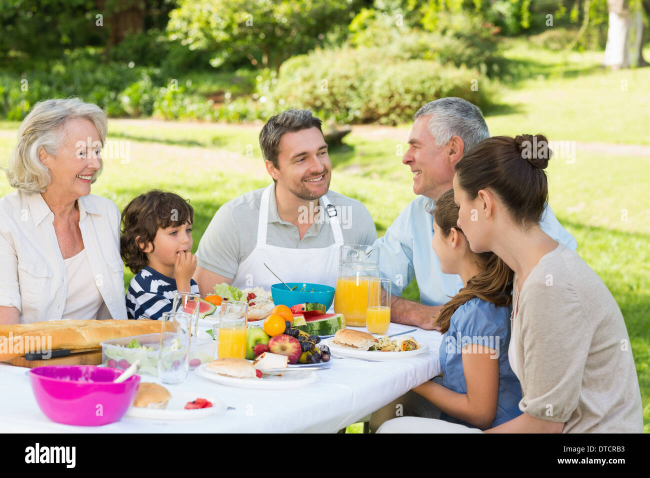 Großfamilie mit Mittagessen im Rasen Stockfoto