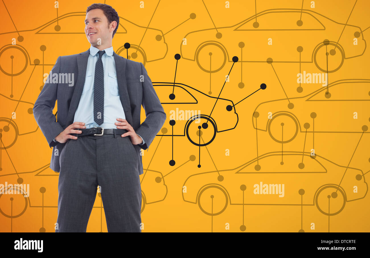 Zusammengesetztes Bild von fröhlich Geschäftsmann mit Händen auf den Hüften Stockfoto