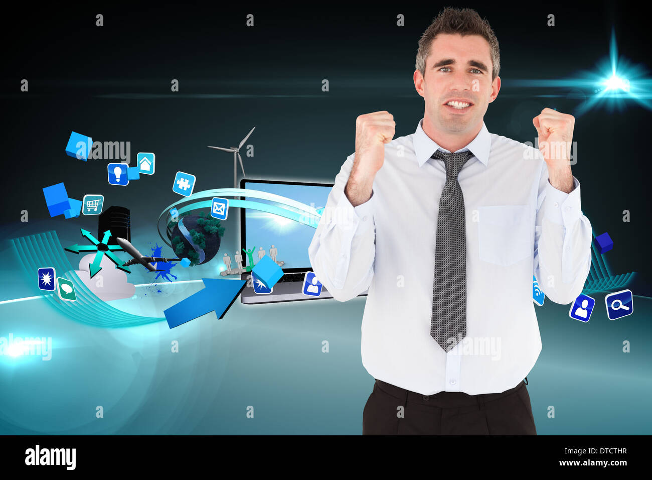 Zusammengesetztes Bild Porträt eines fröhlichen Geschäftsmann mit den Fäusten auf Stockfoto