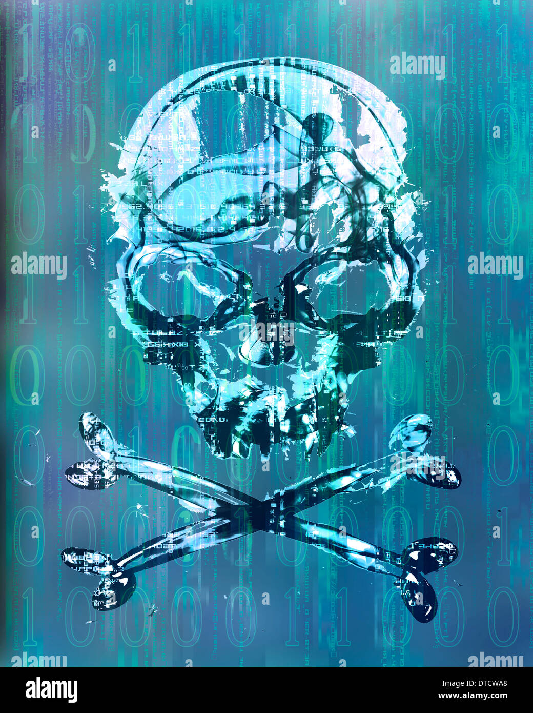 Blau Hacker Angriff Hintergrund mit Schädel Stockfoto