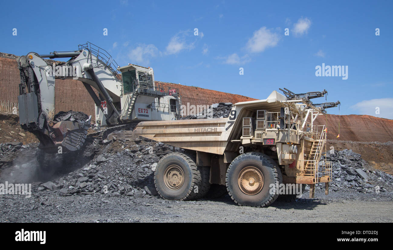 Ich Liebherr Mining-Bagger / Bagger lädt einem weißen Hitatchi Hybrid Haul LKW mit Abfall in einem großen Tagebau afrikanischen Kupfer mine Stockfoto