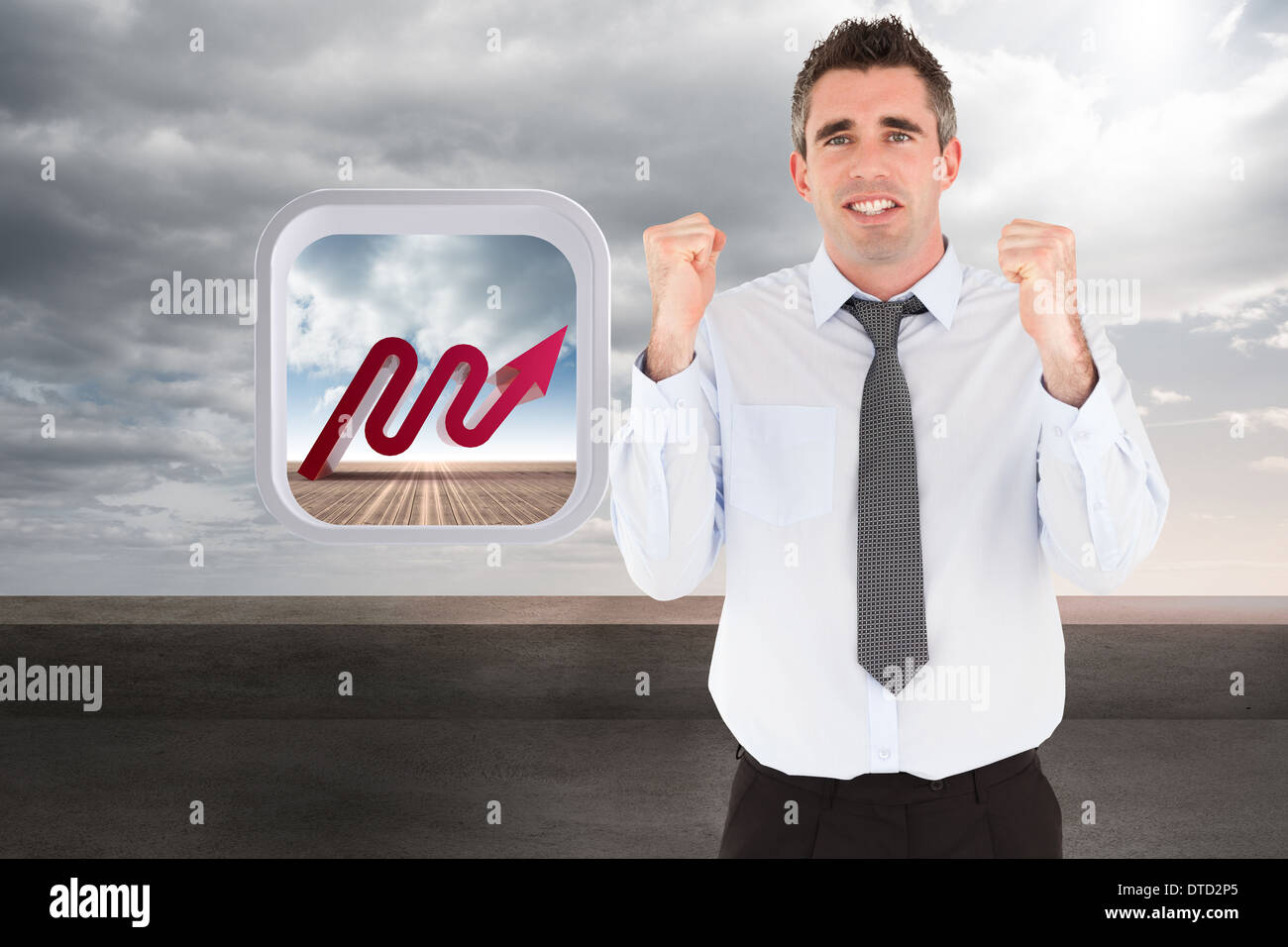 Zusammengesetztes Bild Porträt eines fröhlichen Geschäftsmann mit den Fäusten auf Stockfoto