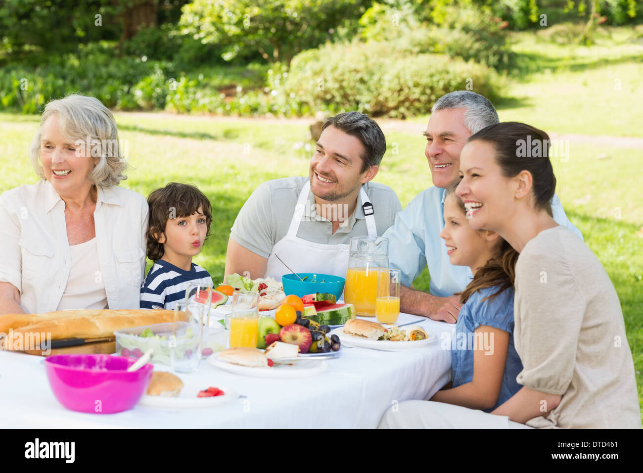 Großfamilie mit Mittagessen im Rasen Stockfoto