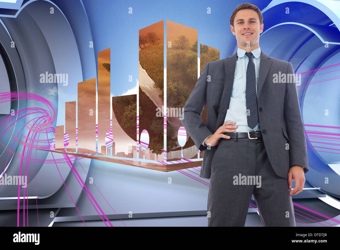 Zusammengesetztes Bild von fröhlich Geschäftsmann mit Hand auf Hüfte Stockfoto