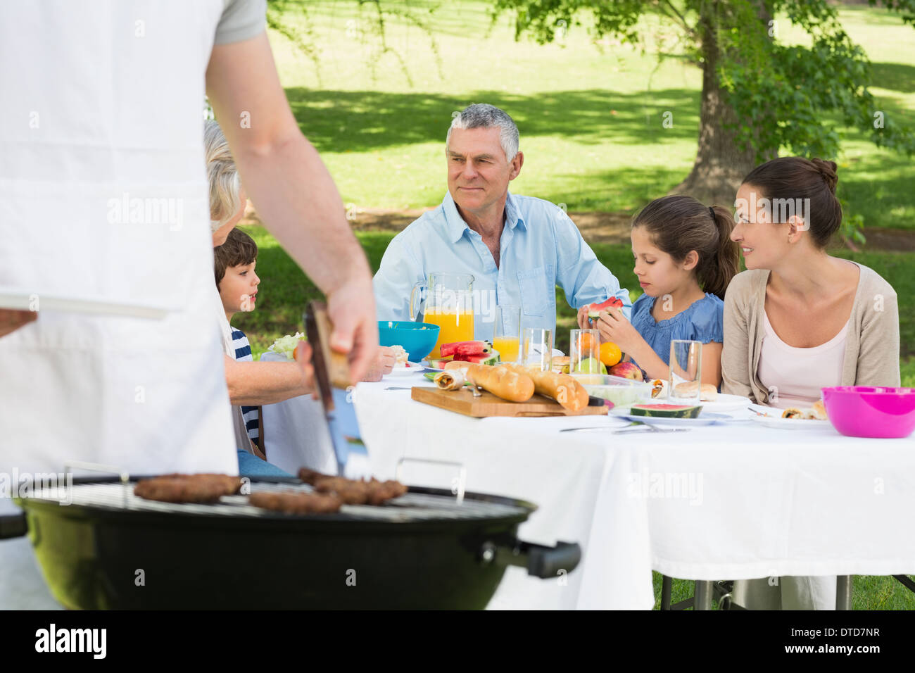 Barbecue-Grill mit Großfamilie mit Mittagessen im park Stockfoto