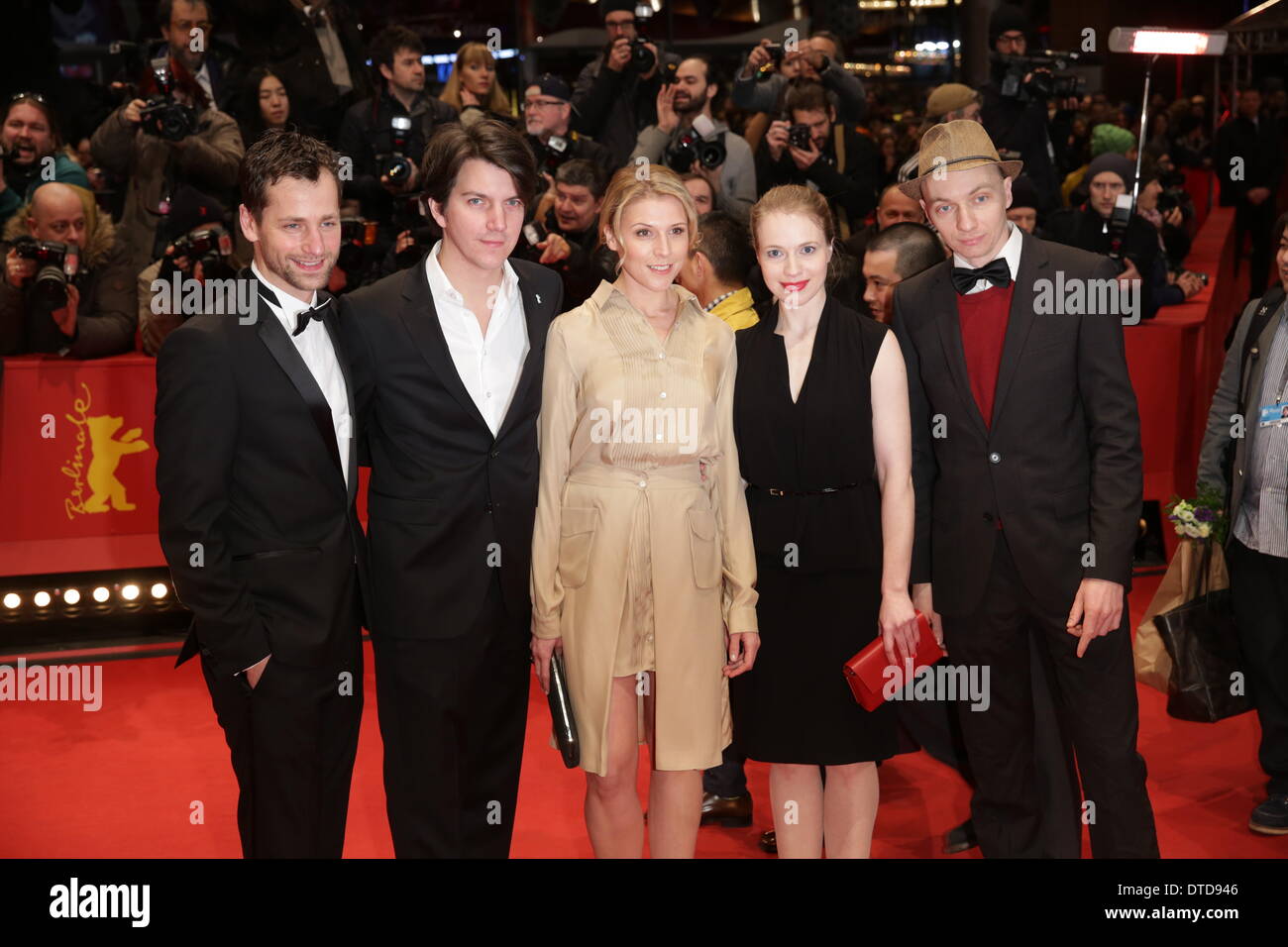 Berlin, Deutschland. 15. Februar 2014. Deutsche Schauspieler Florian  Stetter (L-R), deutscher Produzent Jochen Laube, österreichische  Schauspielerin Franziska Weisz, deutsche Drehbuchautorin Anna Brueggemann  und deutsche Regisseur Dietrich Brueggemann ...