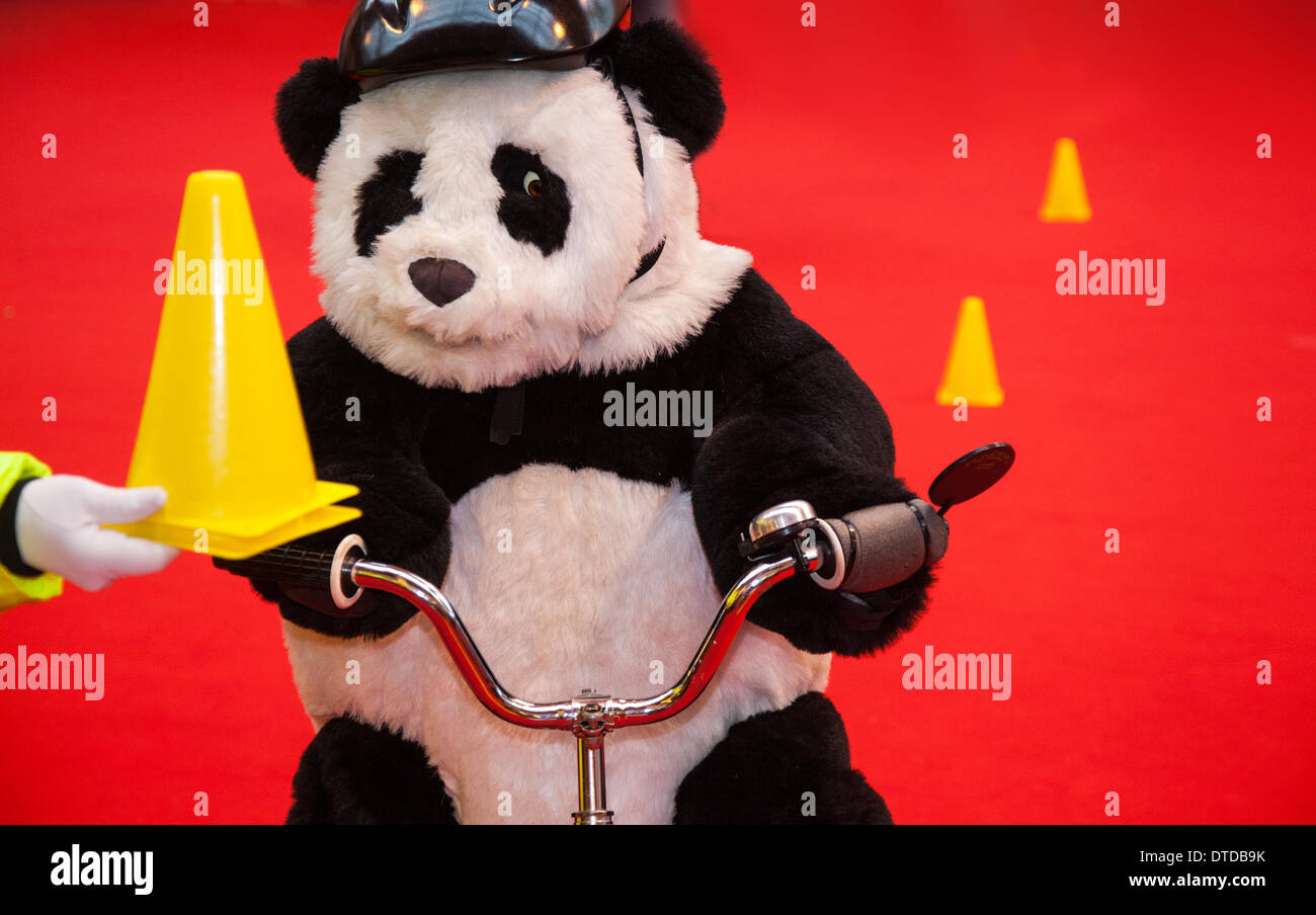 Blackpool, Lancashire, Großbritannien, 15. Februar 2014. Gordon der Radfahren Panda auf einem Fahrrad wie Blackpool wird verrückt Trotz der Regen! Panda auf ein Trike aus der "natürlichen Theatre Company an der Blackpool Festival des Zirkus, Magic & neue Sorte aus. Die 10-tägige Festival der Magie, ist Showzam sieht Blackpools berühmte Sehenswürdigkeiten überlaufen mit Seiltänzer, Gaukler und Straßenkünstler. Stockfoto