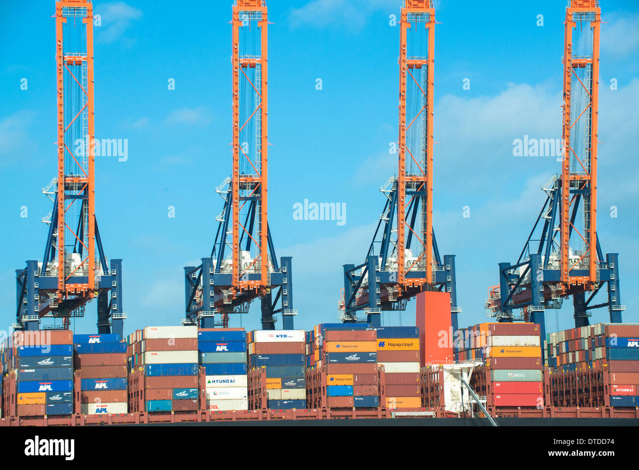 Container am Schiff am Dock mit Kranen in Europoort im Hafen von Rotterdam Stockfoto