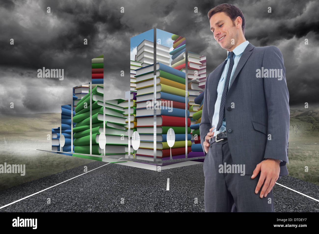 Zusammengesetztes Bild von fröhlich Geschäftsmann mit Hand auf Hüfte Stockfoto