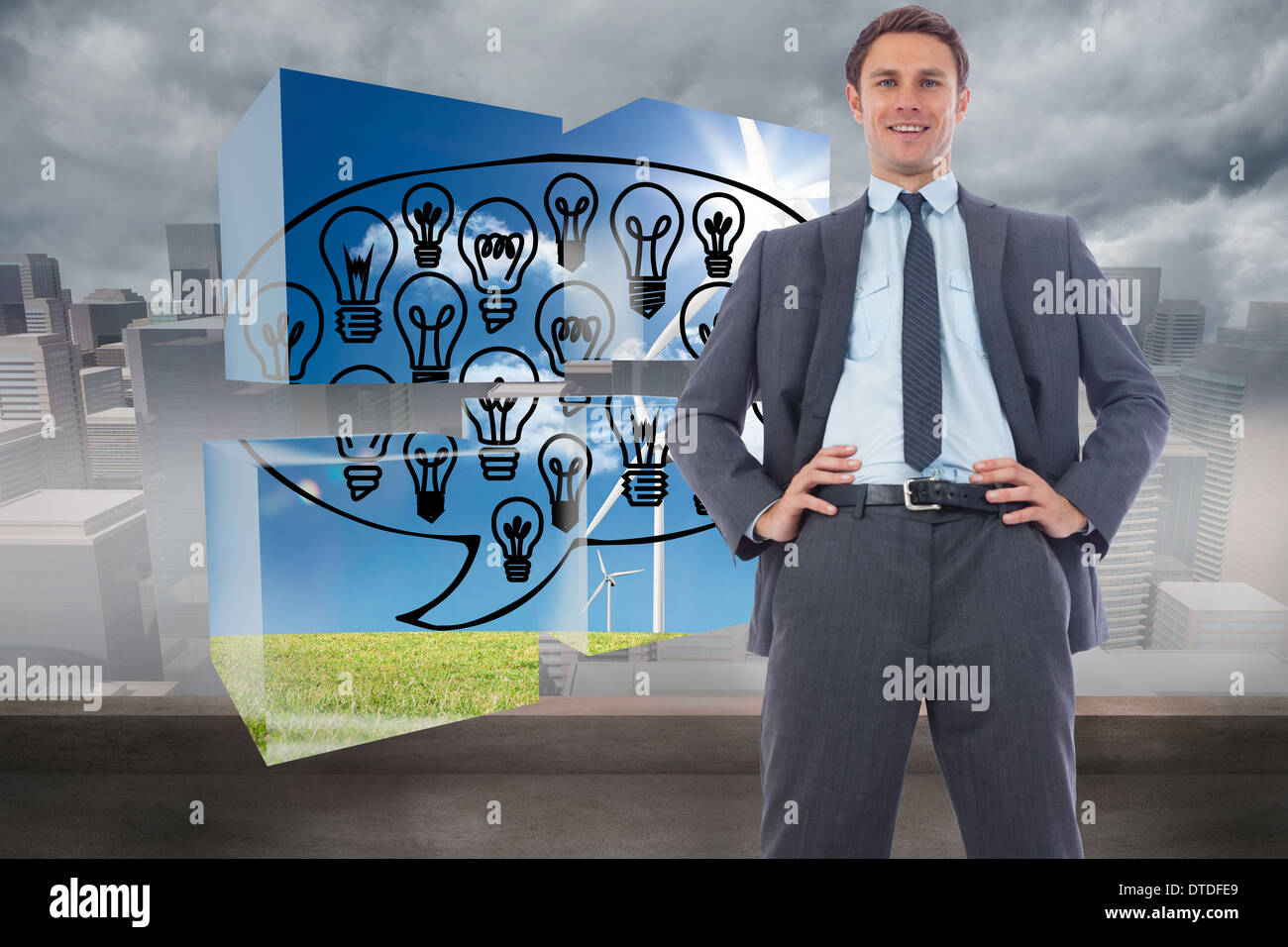 Zusammengesetztes Bild von fröhlich Geschäftsmann mit Händen auf den Hüften Stockfoto