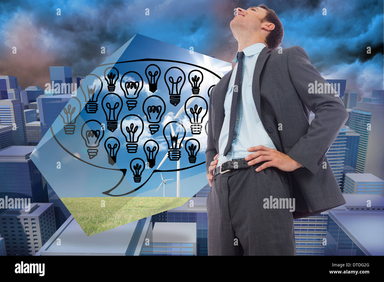 Zusammengesetztes Bild von fröhlich Geschäftsmann mit Händen auf den Hüften Stockfoto