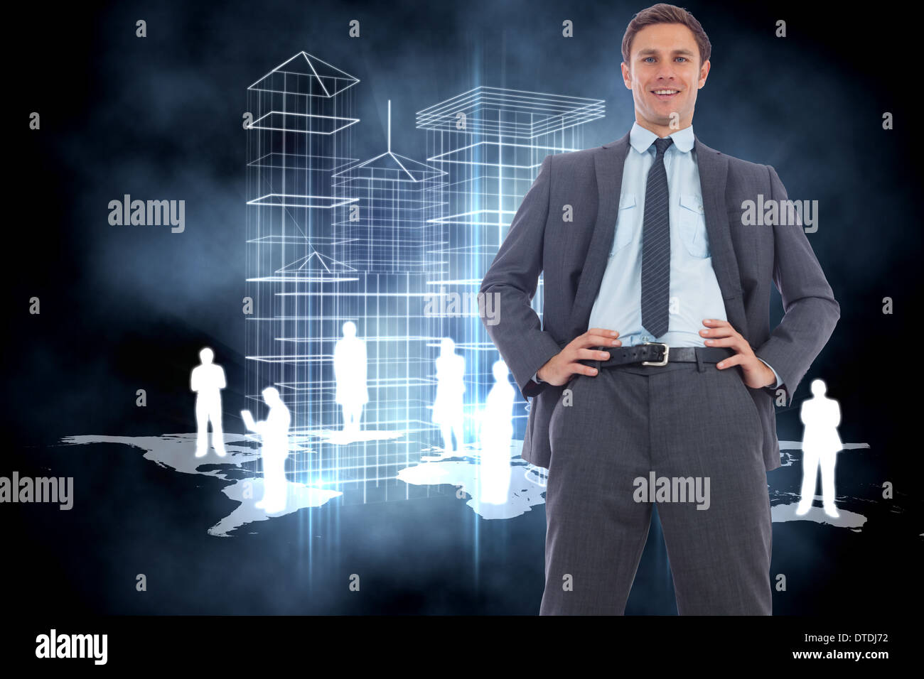 Zusammengesetztes Bild von fröhlich Geschäftsmann mit Händen auf den Hüften Stockfoto