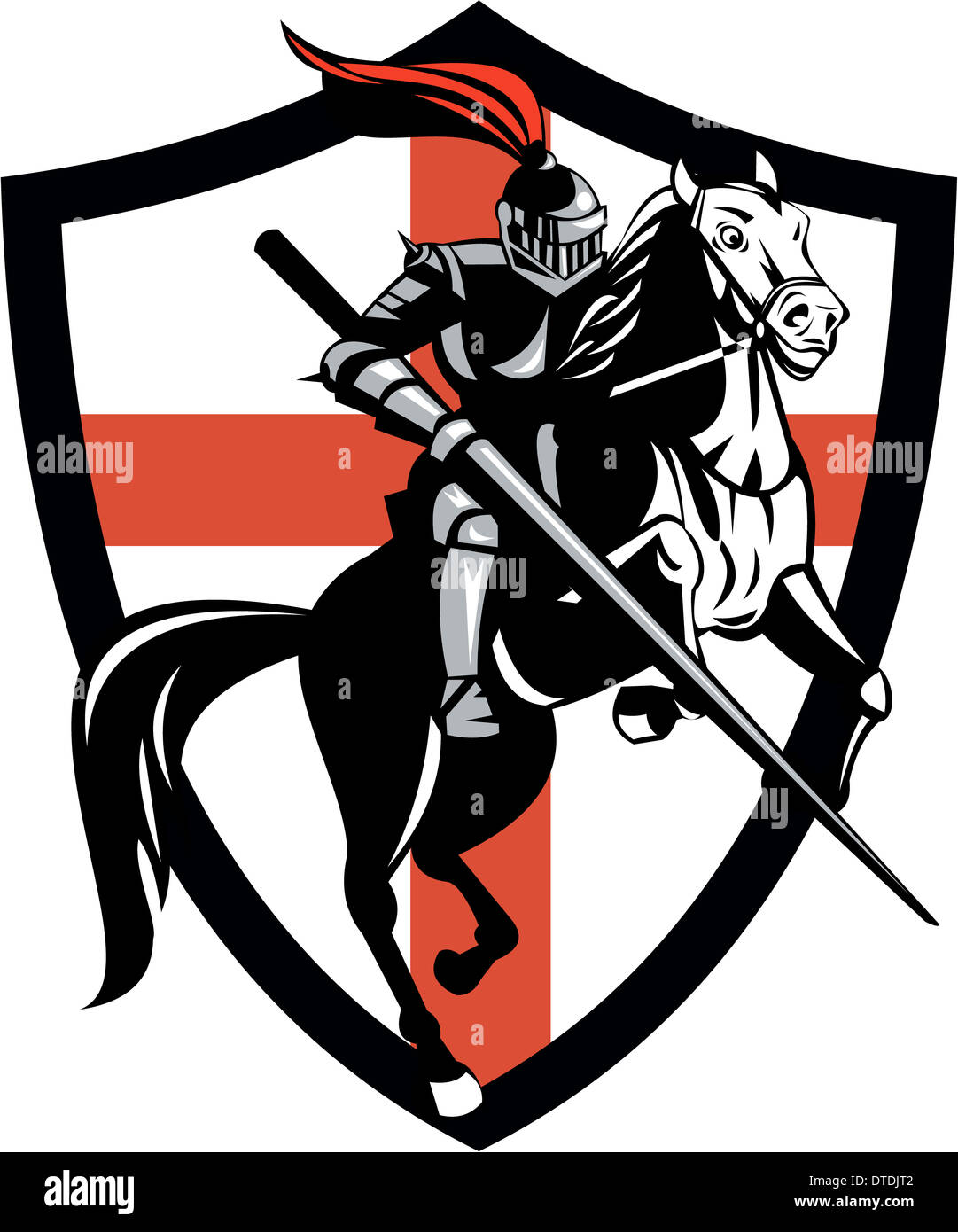 Illustration der Ritter in voller Rüstung Reiten bewaffnet mit Lanze und England englische Flagge im Hintergrund getan im retro-Stil. Stockfoto