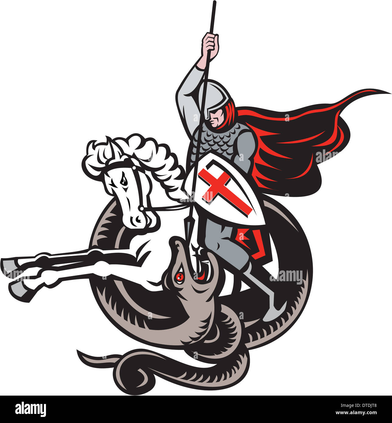 Abbildung von einem englischen Ritter in voller Rüstung mit Lanze kämpfende Drachen mit England Flagge im Hintergrund getan im retro-Stil. Stockfoto