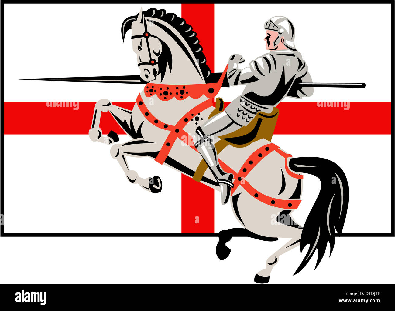 Abbildung von einem englischen Ritter in voller Rüstung Reiten bewaffnet mit Lanze und England Flagge im Hintergrund getan im retro-Stil. Stockfoto