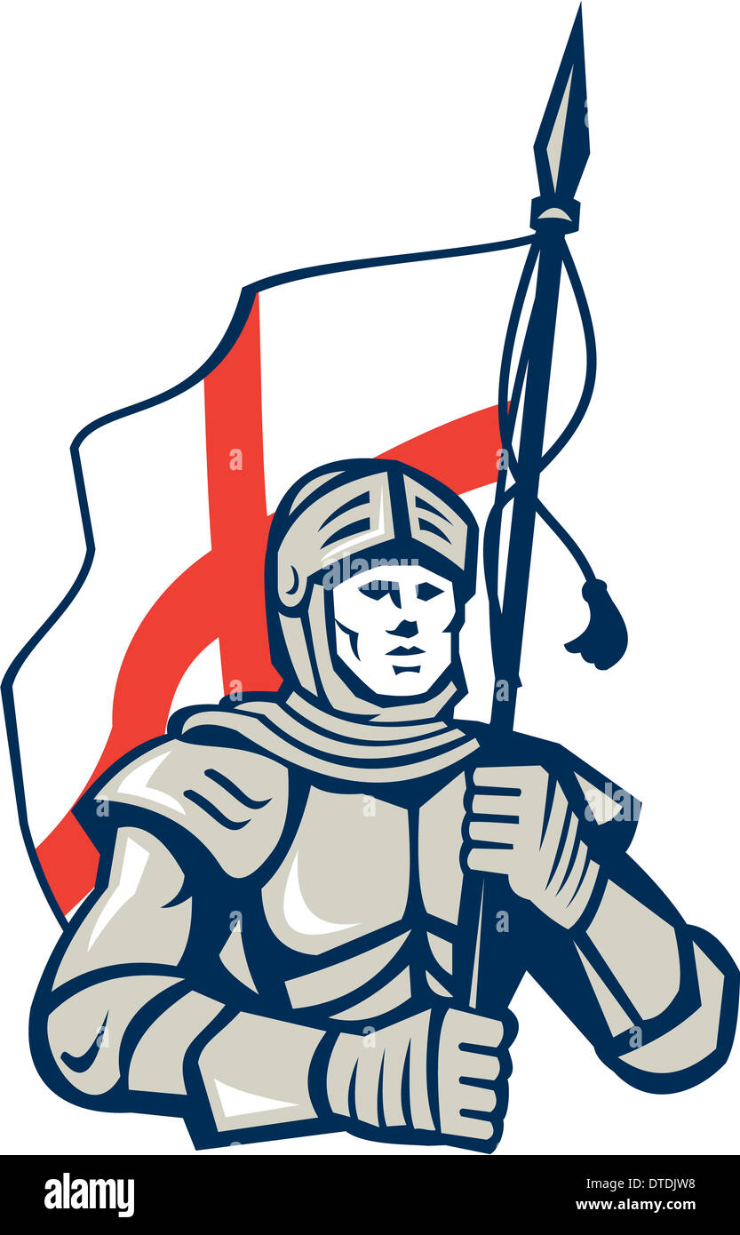 Illustration einer Englsih Ritter in voller Rüstung mit England Fahne Vorderseite getan im retro-Stil auf isolierten weißen Hintergrund. Stockfoto