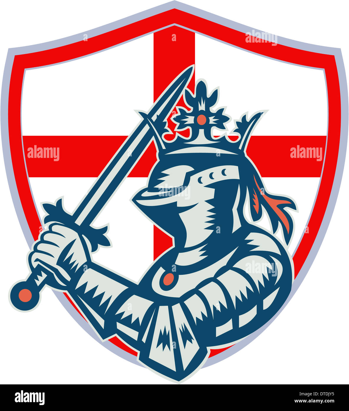 Darstellung der Ritter in voller Rüstung schwingt ein Schwert set in Schild mit Englisch England Flagge im Retro-Holzschnitt-Stil gemacht. Stockfoto