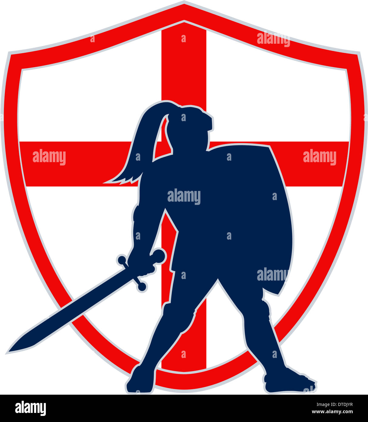 Illustration einer Silhouette englischer Ritter in voller Rüstung mit Schwert mit England Flagge im Hintergrund getan im retro-Stil. Stockfoto