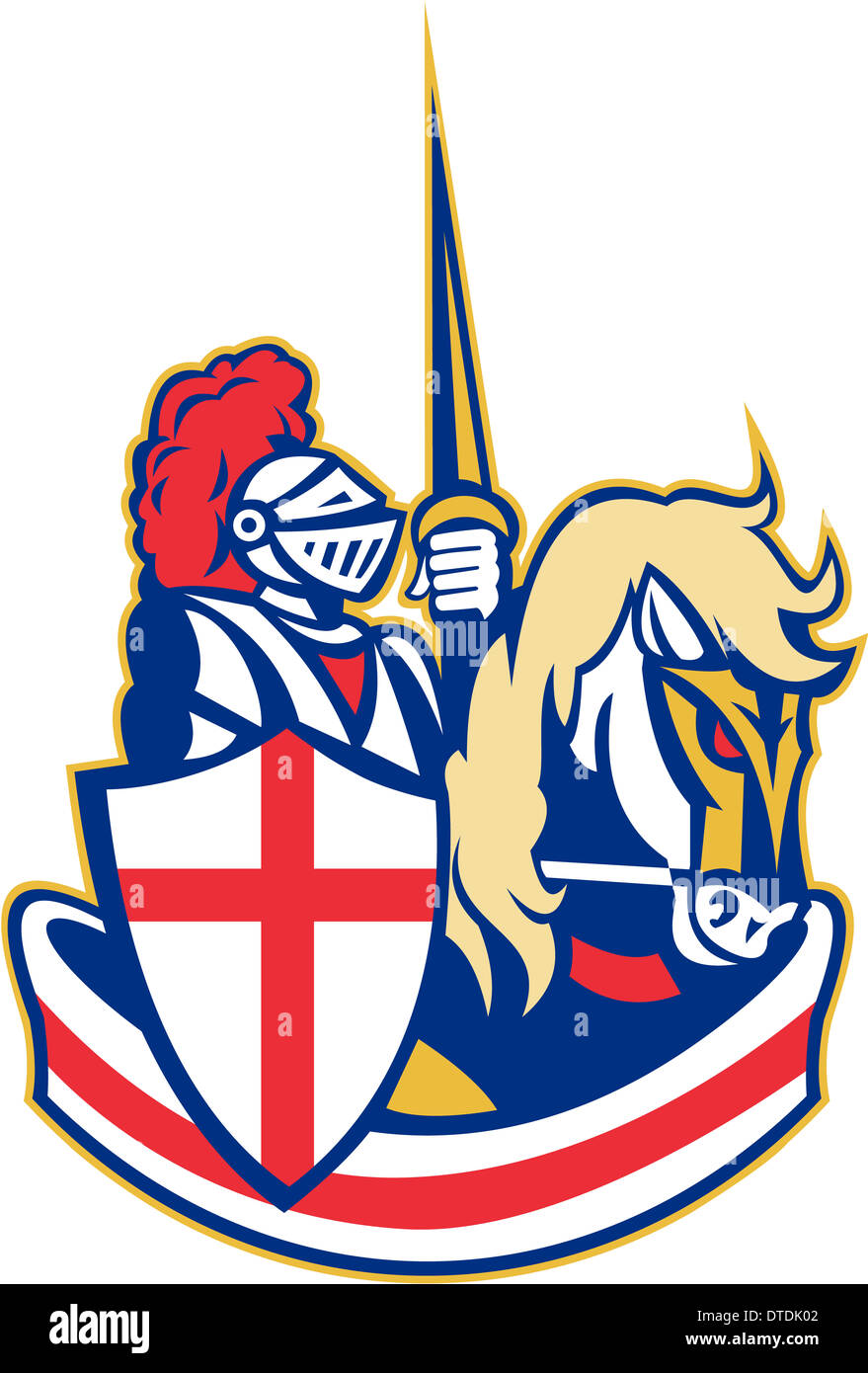 Illustration der Ritter in voller Rüstung Reiten bewaffnet mit Lanze und England englische Flagge im Hintergrund getan im retro-Stil. Stockfoto