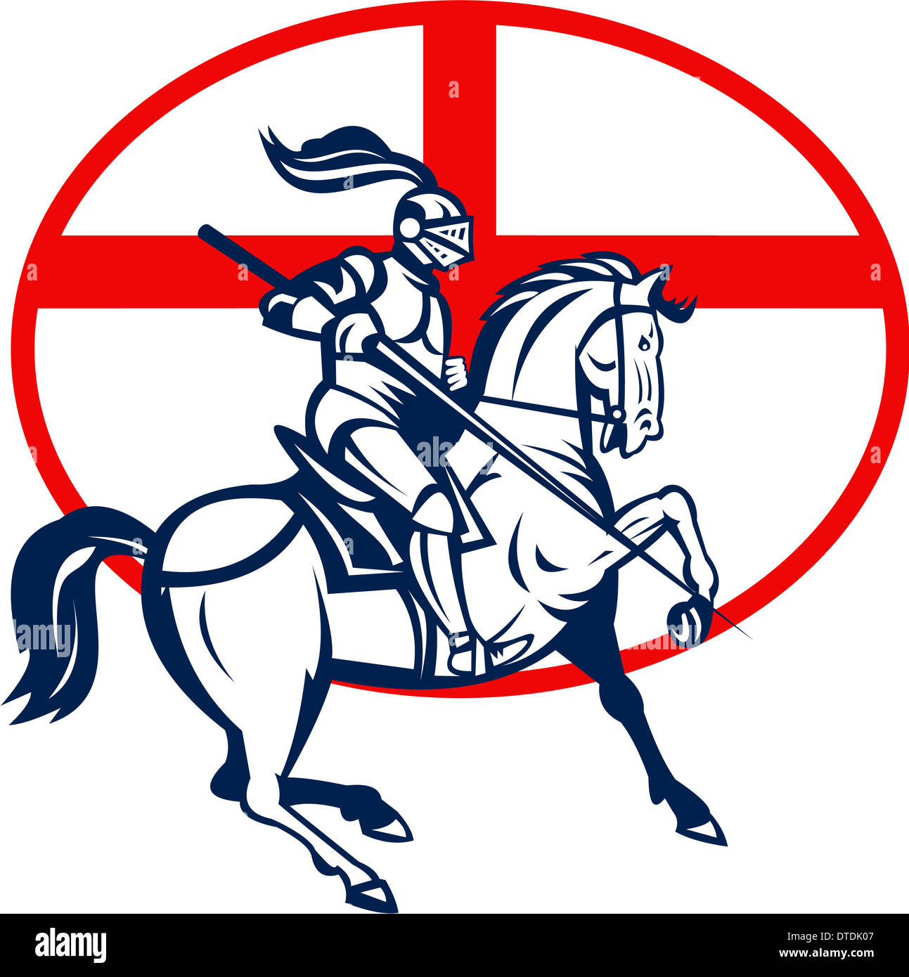 Abbildung von einem englischen Ritter in voller Rüstung Reiten bewaffnet mit Lanze und England Flagge im Hintergrund getan im retro-Stil. Stockfoto