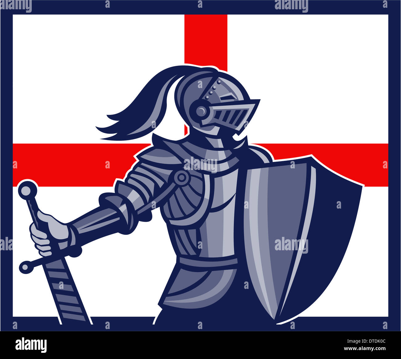 Abbildung von einem englischen Ritter in voller Rüstung mit Schwert mit England Flagge im Hintergrund getan im retro-Stil. Stockfoto