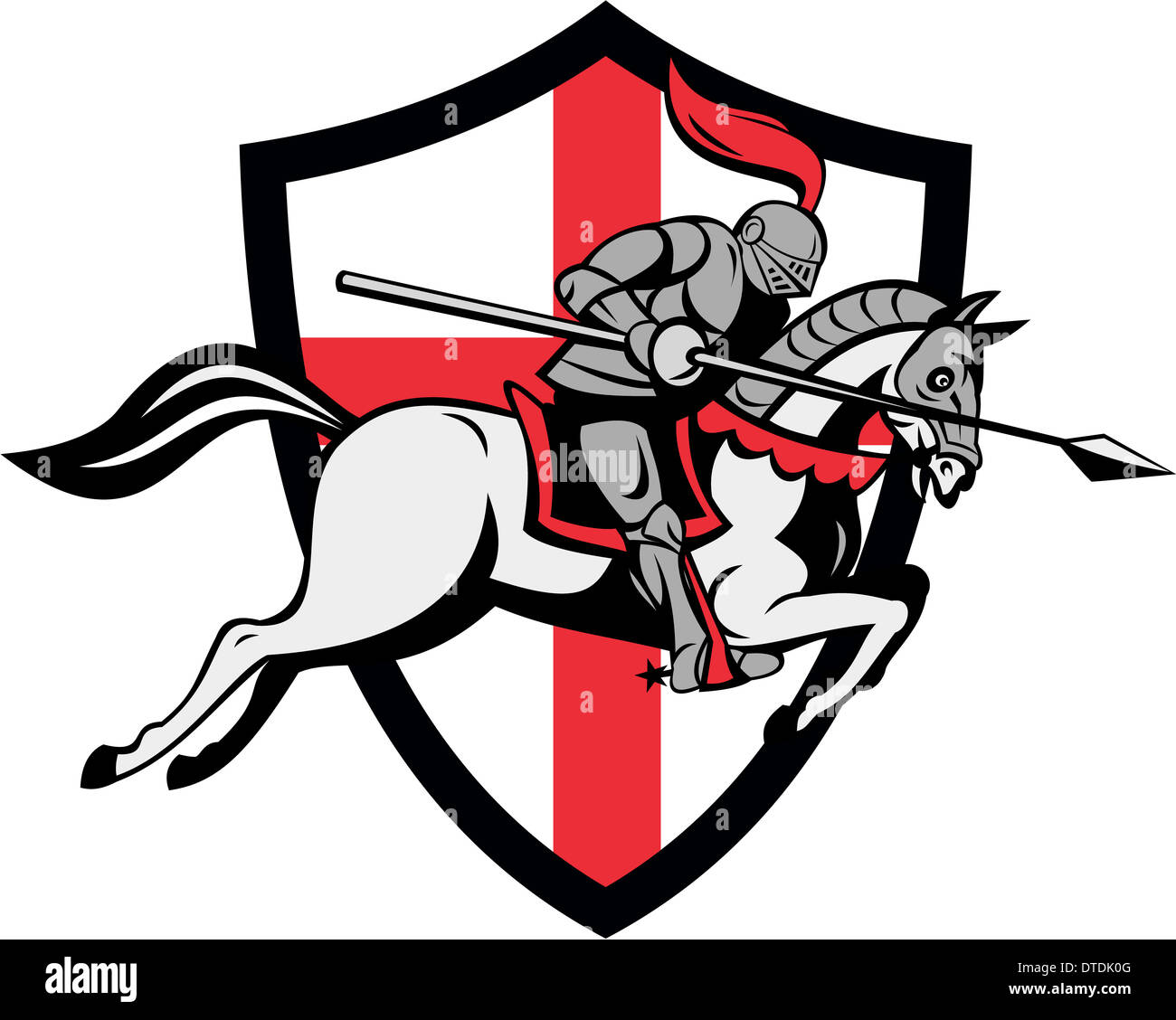 Illustration der Ritter in voller Rüstung Reiten bewaffnet mit Lanze und England englische Flagge im Hintergrund getan im retro-Stil. Stockfoto
