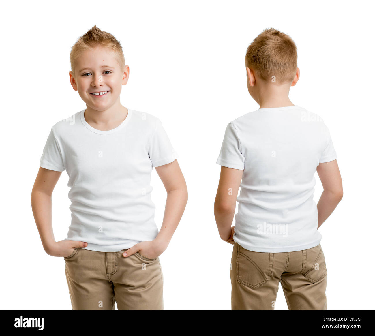 hübscher Junge Junge Modell im weißen T-shirt oder Tshirt zurück und vorne isoliert Stockfoto