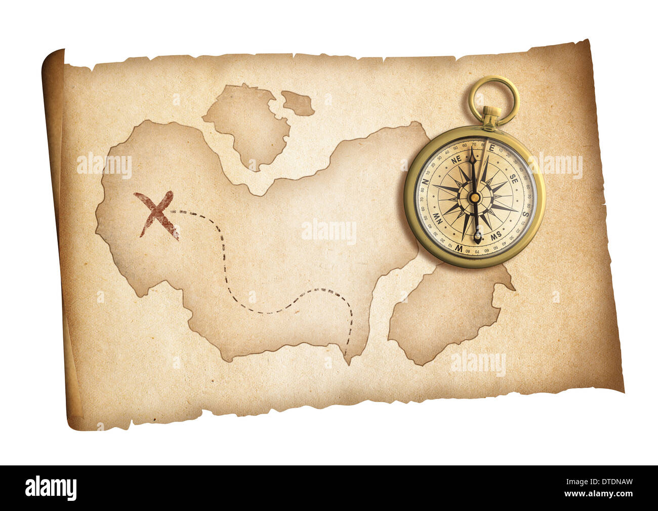 alten Schatzkarte mit Messing-Kompass, isoliert auf weiss Stockfoto