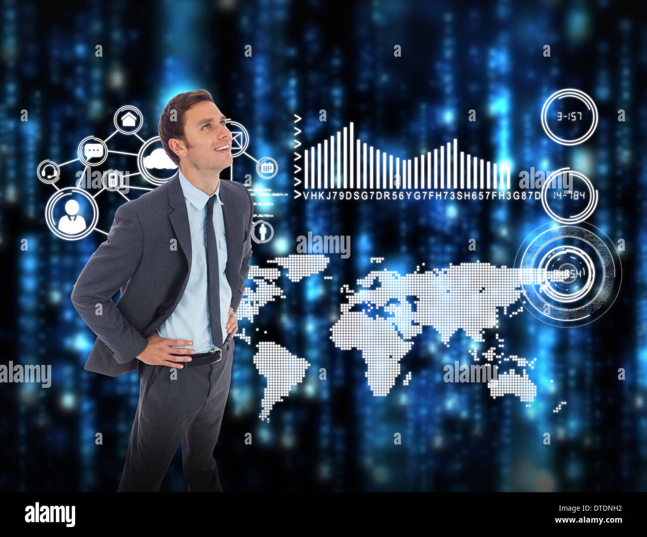 Zusammengesetztes Bild von fröhlich Geschäftsmann stehend mit Händen auf den Hüften Stockfoto