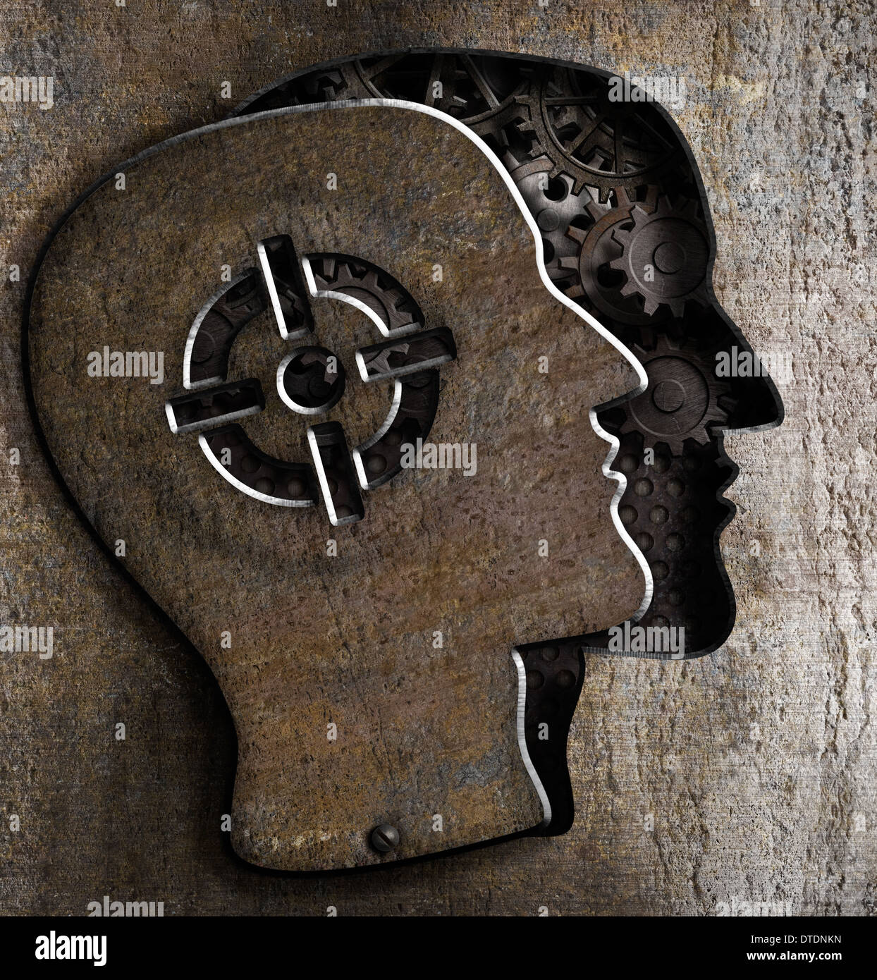 Ein menschlicher Kopf mit Ziel markieren auf Metallplatte Stockfoto