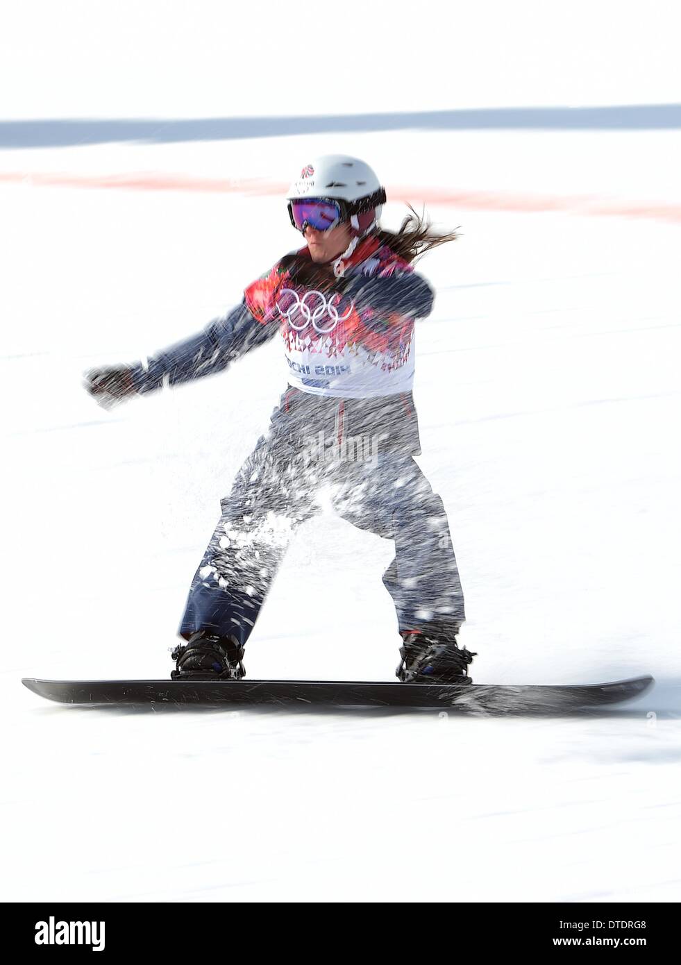 Zoe Gillings (GBR) qualifiziert für das Viertelfinale. Womens Snowbboard Cross - Rosa Khutor Extreme Park - Sotschi - Russland - 16.02.2014 Stockfoto