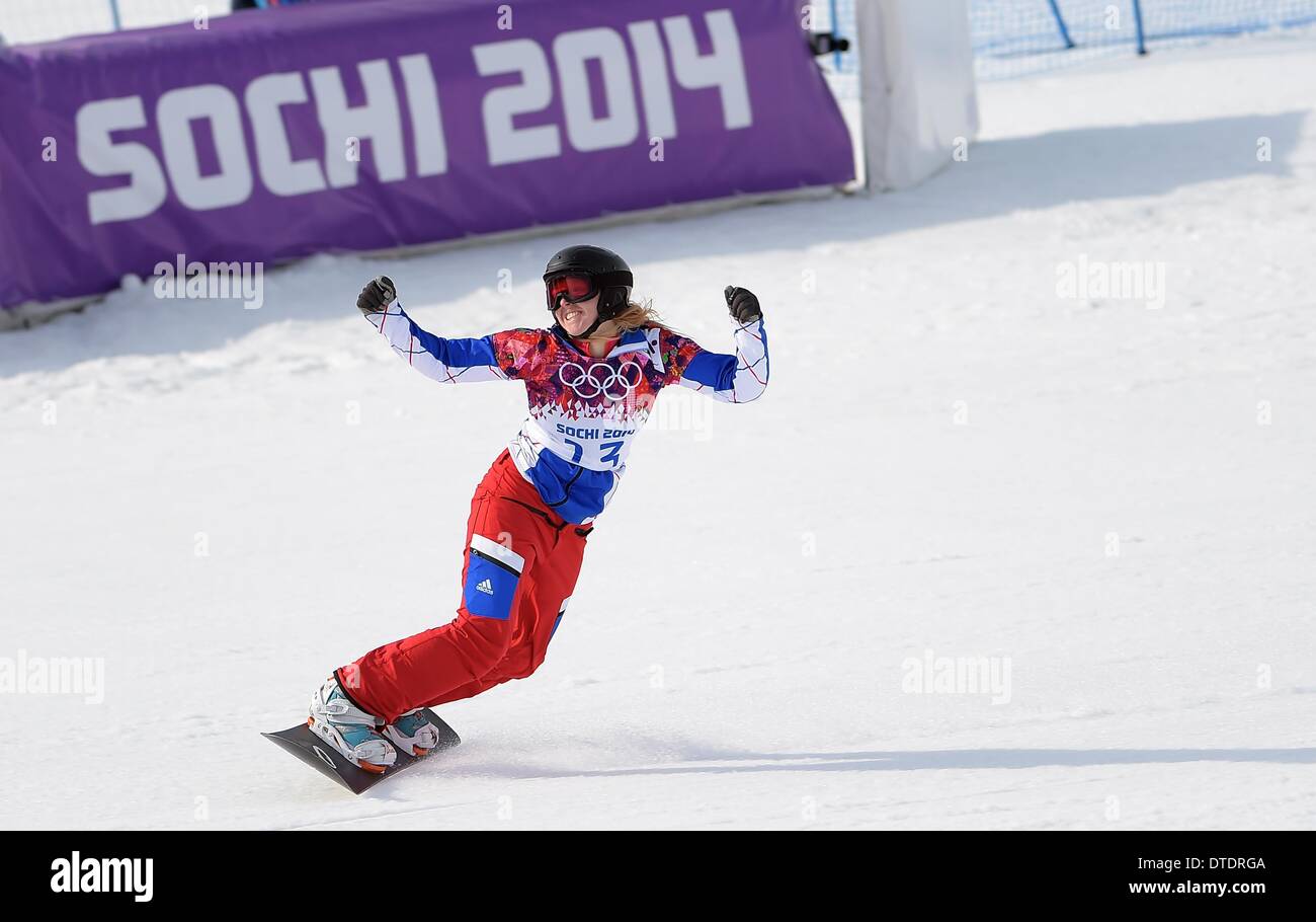 Charlotte Bankes (FRA) in der Qualifikation. Womens Snowbboard Cross - Rosa Khutor Extreme Park - Sotschi - Russland - 16.02.2014 Stockfoto