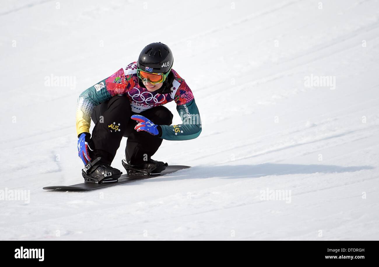 Belle Brockhoff (AUS) in der Qualifikation. Womens Snowbboard Cross - Rosa Khutor Extreme Park - Sotschi - Russland - 16.02.2014 Stockfoto