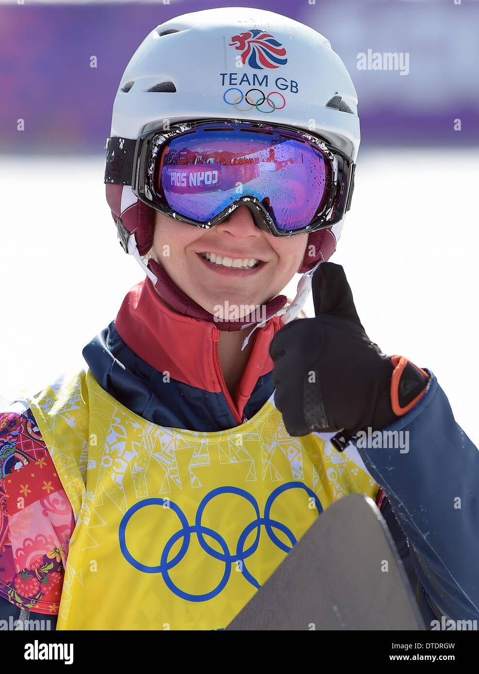 Bitte kümmert sich Zoe Gillings (GBR) für das Halbfinale qualifizieren. Womens Snowbboard Cross - Rosa Khutor Extreme Park - Sotschi - Russland - 16.02.2014 Stockfoto