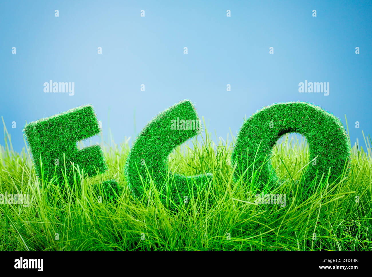 Buchstaben auf dem grünen Rasen auf blauem Hintergrund. Eco-Konzept. Stockfoto