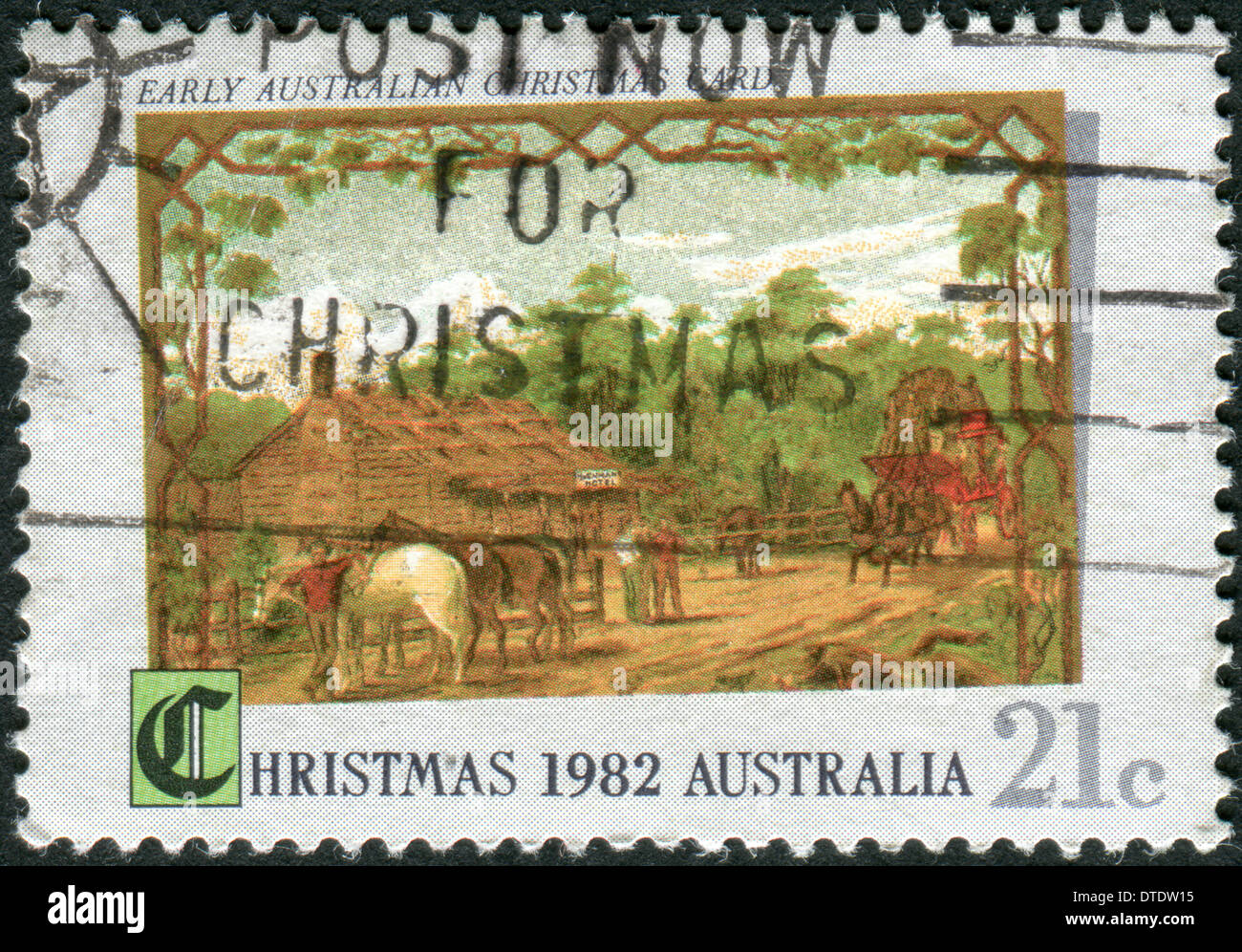 Australien - CIRCA 1982: Briefmarke gedruckt in Australien Weihnachten Thema zeigt frühe australische Weihnachtskarte, ca. 1982 Stockfoto