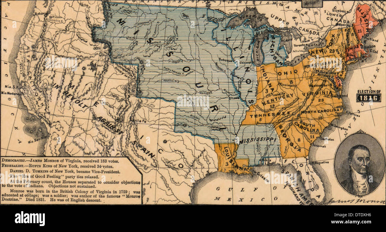 USA Präsidentschaftswahlen von 1816 in denen demokratische Kandidat James Monroe föderalistische Kandidat Rufus King 183 Wahlstimmen zu 34 besiegt. Daniel Tompkins wurde Vize-Präsident Stockfoto