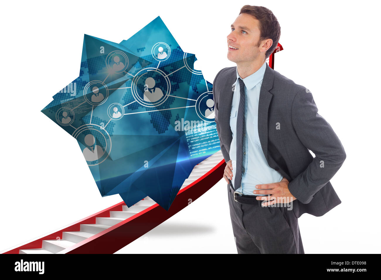 Zusammengesetztes Bild von fröhlich Geschäftsmann stehend mit Händen auf den Hüften Stockfoto