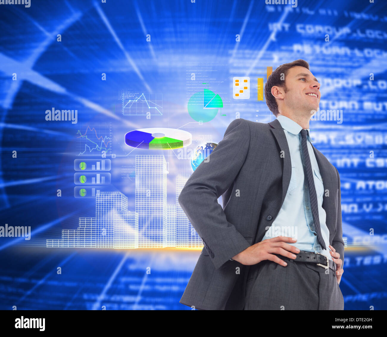 Zusammengesetztes Bild von fröhlich Geschäftsmann mit Händen auf den Hüften Stockfoto