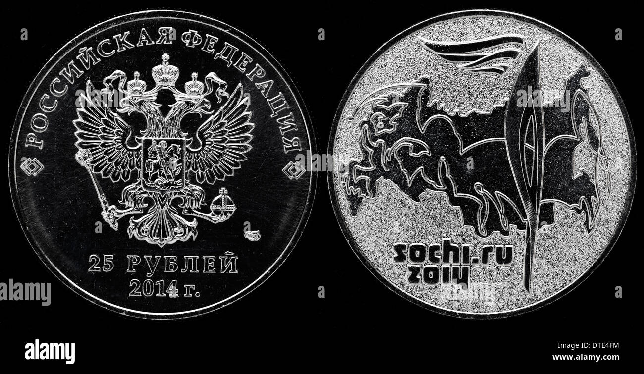 25 Rubel Münze, Olympische Winterspiele in Sotschi, Russland, 2014 Stockfoto