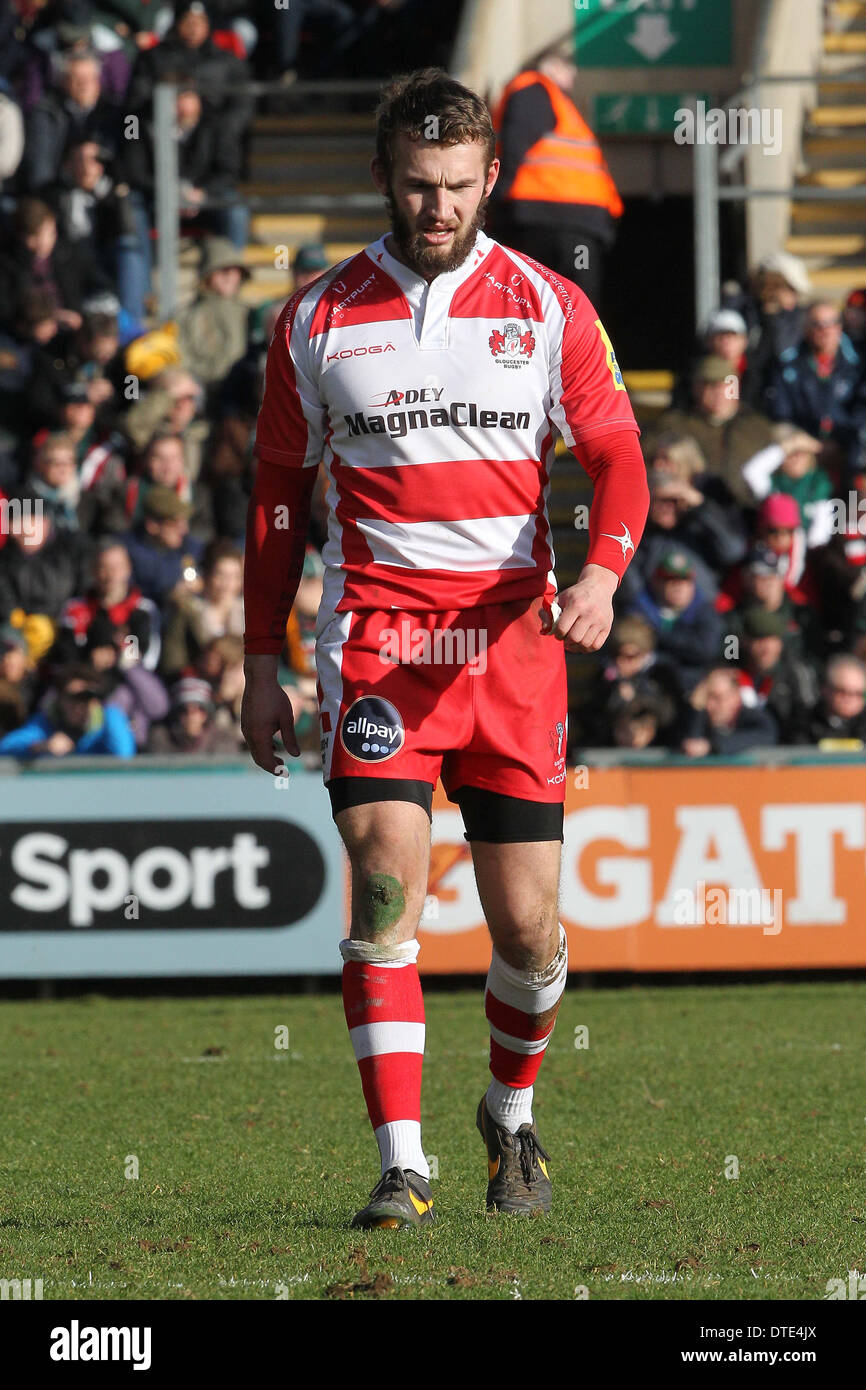 Leicester, UK. 16. Februar 2014. Barnwall Martyn Thomas während der Aviva Premiership Spiel zwischen Leicester Tigers und Gloucester Rugby von Welford Road Stadium. Bildnachweis: Aktion Plus Sport/Alamy Live-Nachrichten Stockfoto