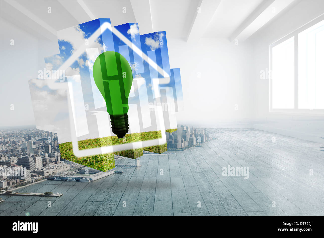Zusammengesetztes Bild grün Glühbirne auf abstrakte Bildschirm Stockfoto