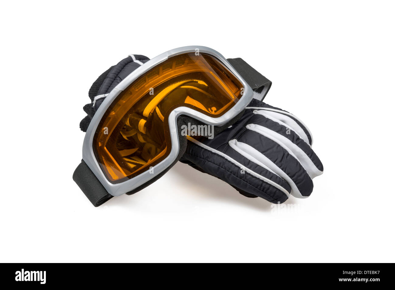 Ski-Handschuhe mit Brille weiß mit Beschneidungspfad isoliert. Stockfoto