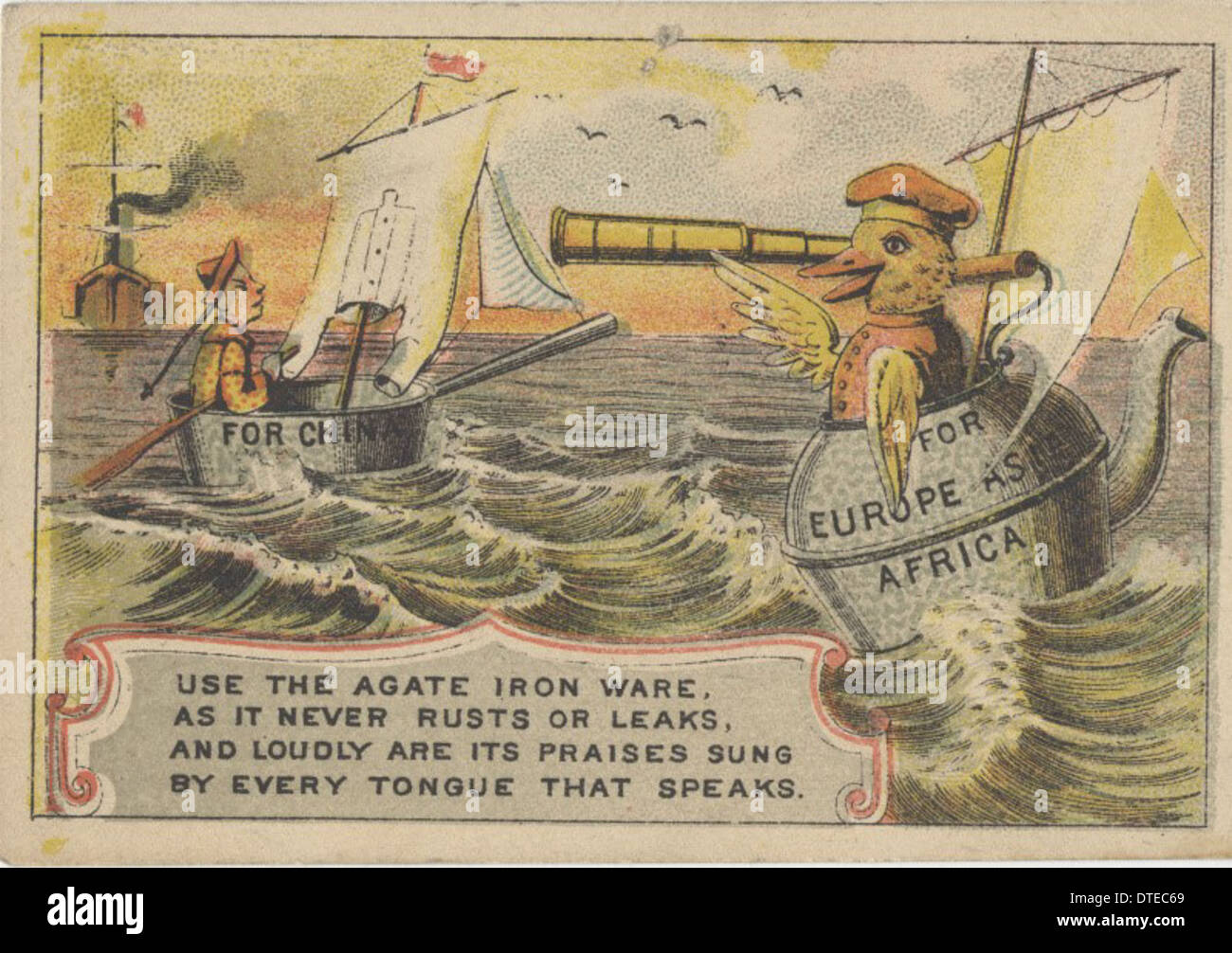 Diese viktorianische Handelskarte von Hertz & Bliss enthält einen Comic-Kommentar zu ethnischen Stereotypen, illustriert mit Szenen von Eisenwerk, Dschunks, Wasserkocher und Schiffen. Es spiegelt die Mischung von Humor und kulturellen Referenzen in der Werbung des 19. Jahrhunderts wider. Stockfoto
