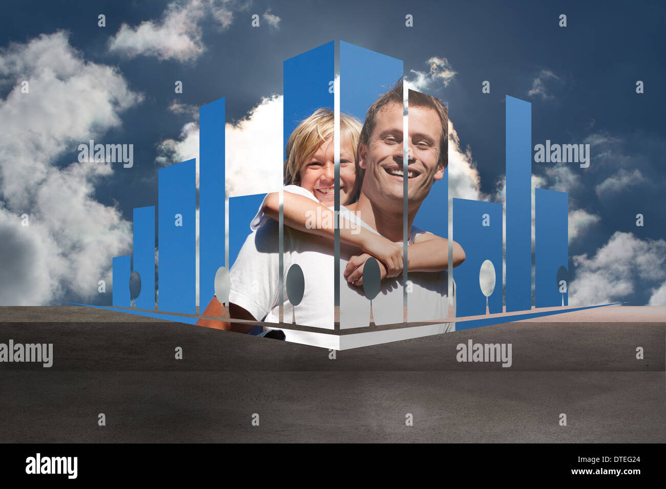 Zusammengesetztes Bild von Vater und Sohn auf abstrakte Bildschirm Stockfoto