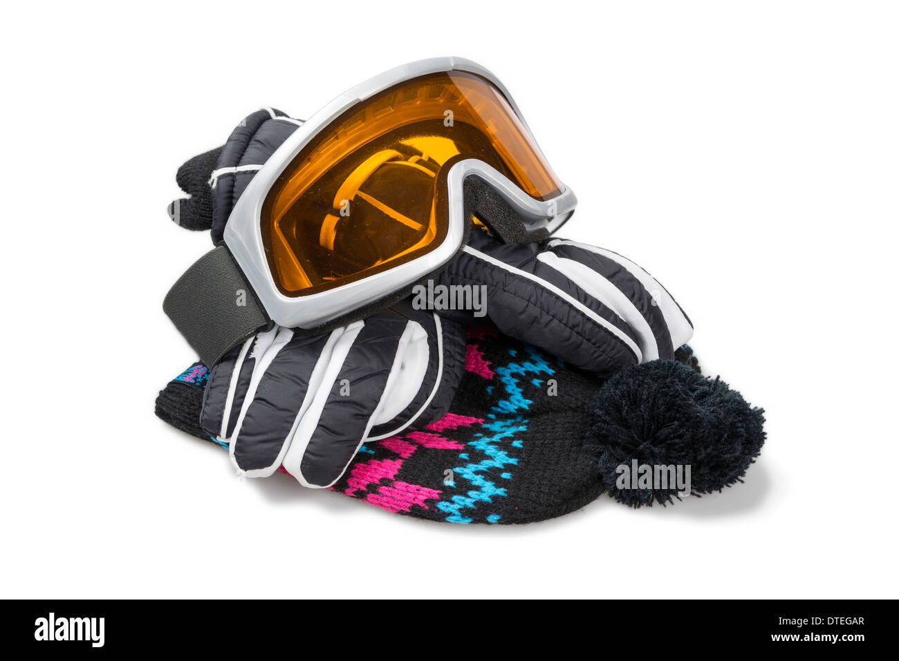 Ski-Handschuhe, Mütze und Brille weiß mit Beschneidungspfad isoliert. Stockfoto