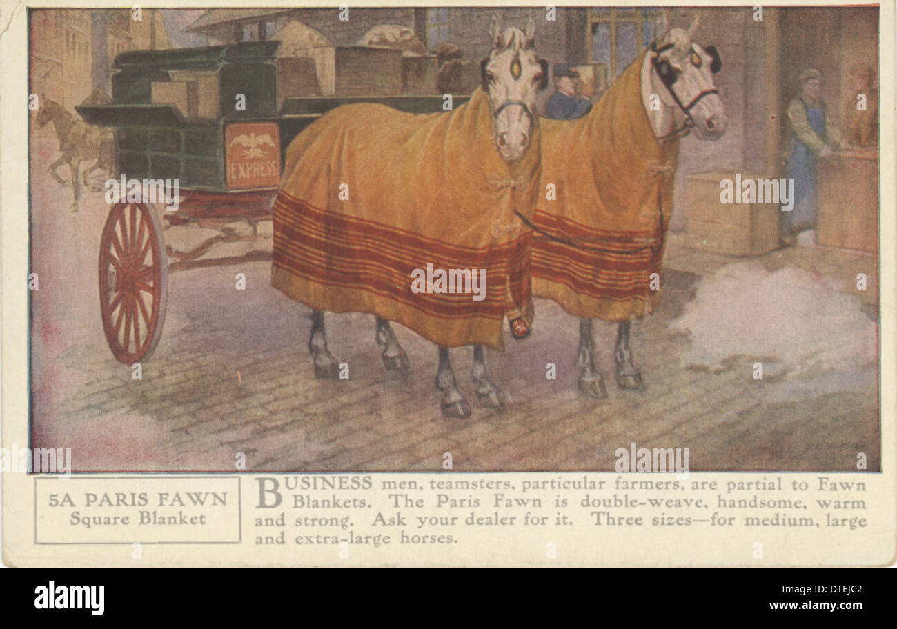 Eine viktorianische Handelskarte mit 5A Pferdedecken, die ein Bild von Tierteams zeigt, die Wagen oder Wagen ziehen. Die Karte spiegelt das landwirtschaftliche Leben des 19. Jahrhunderts wider und betont die praktische Verwendung von Pferdedecken in der Landwirtschaft. Stockfoto