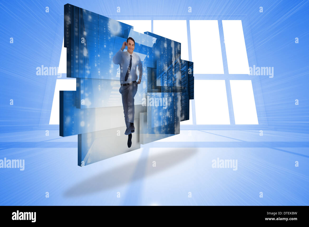Zusammengesetztes Bild der Geschäftsmann im Rechenzentrum auf abstrakte Bildschirm Stockfoto